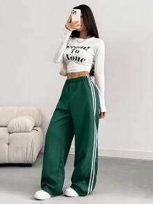 INAWLY Quần ống rộng thiết kế đơn giản màu tương phản cho nữ, mùa xuân/hè - màu xanh lá - Xem 6