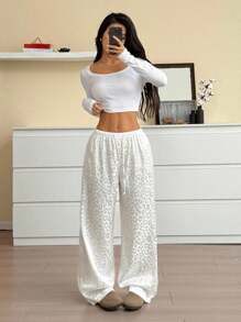 SHEIN EZwear Women's Casual Leopard Print Drawstring Waist Loose Wide Leg Pants - White - View 4