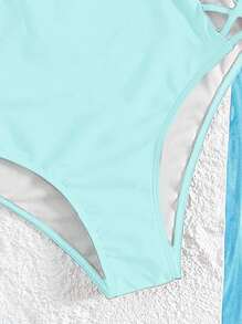 SHEIN Swim 女款夏季海灘熱帶植物印花性感比基尼泳衣套裝 (印花隨機)，附鋼圈墊高胸部 - 淺藍色 - 查看 5