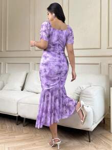 SHEIN Clasi Váy xòe họa tiết hoa thanh lịch mùa hè cỡ lớn cho nữ - Màu tím - Xem 9