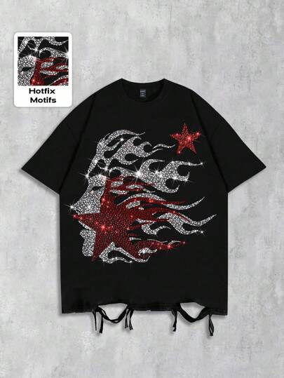 Grunge Punk Men's Black Distressed Fire Print Rhinestone Decor Round Neck Short Sleeve T-Shirt, Summer, 2000s Style