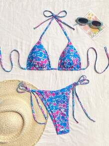 SHEIN 2件套女士花卉侧开襟比基尼泳装，海滩度假风格 - 彩色 - 查看 2