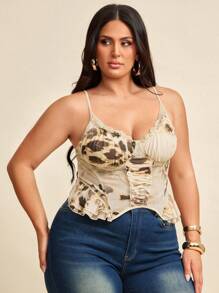 SHEIN BAE Plus Size Women Floral Ruched Cami Top,Graduation, Mother's Day Gift,Y2k,Night Out - Apricot - View 6