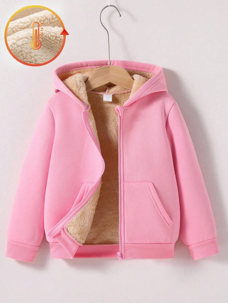 年轻女孩粉色保暖内衬夹克，休闲百搭，适合秋冬粉色拉链连帽衫 - 粉色 - 查看 1