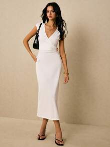 Poéselle Women's Casual Solid Color Crossed Wrap Mid-Length Dress, Summer - White - View 5