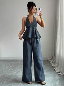 Elenzga 女式夏季条纹荷叶边下摆露背上衣和休闲裤两件套 - 寶藍色 - 查看 6