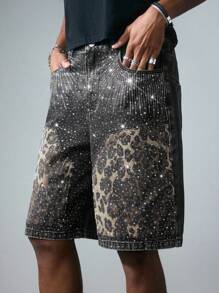 ROMWE MEN Street Life Men's Summer Fashion Leopard Print Denim Shorts With Rhinestones - Black - View 5