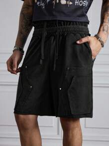 ROMWE MEN Men's Solid Color Drawstring Waist Loose Casual Shorts - Black and White - View 6