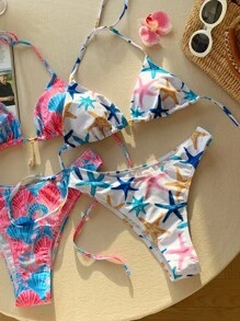 Comfortcana 4pcs Thong Bikini Set   Vacation Beach Graphic Seashell & Starfish Print Halter Bikini Set - Multicolor - View 4