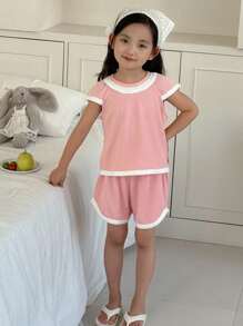 Dazy Kids 2pcs Young Girl Girls Casual Round Neck Knit Short Sleeve T-Shirt And Shorts Set, Home Clothes - Pink - View 3