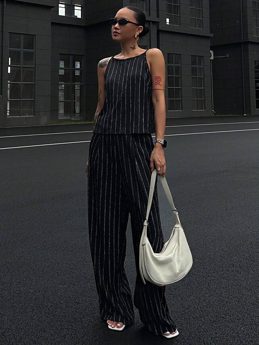 DAZY 女式夏季条纹吊带背心和裤子两件套,休闲 - 黑色 - 查看 1