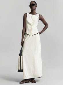 Ontre 2 件套亚麻材质拼色设计无袖黑色饰边抽绳背心和迷你裙套装，女士春夏音乐节、毕业典礼、节日装