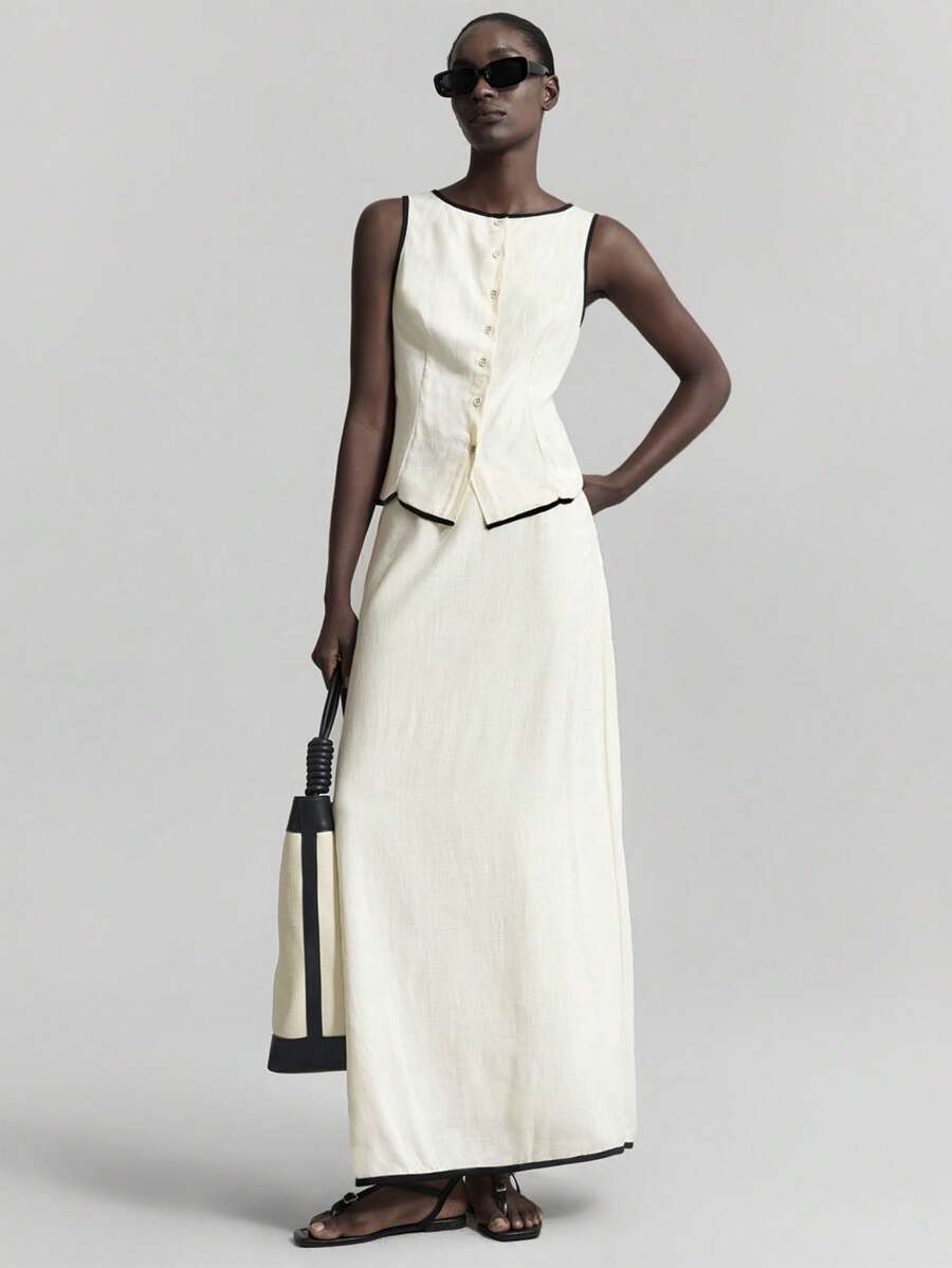 Ontre 2 件套亚麻材质拼色设计无袖黑色饰边抽绳背心和迷你裙套装，女士春夏音乐节、毕业典礼、节日装