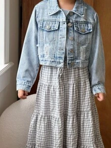 Girls Casual Distressed Denim Bomber Jacket, Soft Washed Lightweight Chic Streetwear For Summer - Medium Wash - View 3