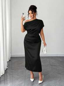 Elenzga 大码女式缎面高低露肩不对称褶饰腰部紧身 A 字连衣裙，夏季