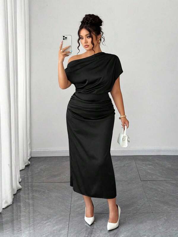 Elenzga Plus Size Women's Satin High-Low Off The Shoulder Asymmetrical Ruched Waist Bodycon A-Line Dress, Summer