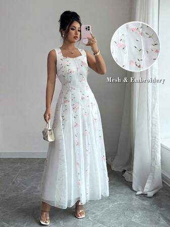 Rafferiza Vestido elegante de línea A para mujer con decoración floral 3D, cuello cuadrado, panel de malla, cintura ceñida para fiesta y boda, primavera/verano