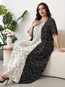 Lacomfia Plus Size Fashionable Contrast Color Floral Patchwork Dress