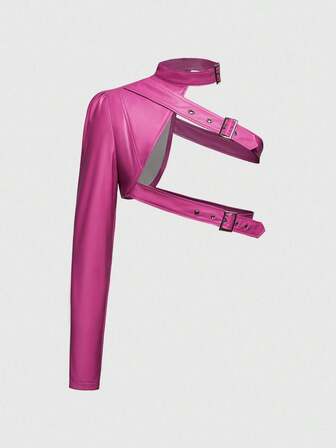 Grunge Punk Veste  courte ajustable à une épaule, design asymétrique sexy, manches longues, couleur unie, rose vif, convient pour les festivals de musique