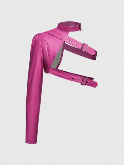 Grunge Punk Giacca in pelle corta regolabile monospalla, design asimmetrico sexy, maniche lunghe, tinta unita, rosa brillante, adatta per festival musicali