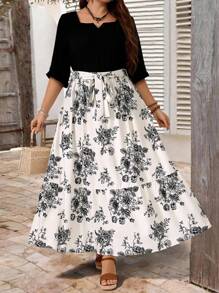 EMERY ROSE Plus Size Women Floral Print A-Line High Waist Tie Sash Ruffle Hem Maxi Skirt, Spring/Summer - White - View 1