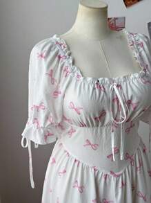 Sweetra Plus Size Women Butterfly Print Ruffle Trim Square Neck A-Line Dress
