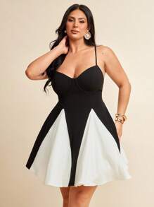 SHEIN BAE Plus Size Women's Elegant Black & White Flared Cami Midi Dress,Suitable For Spring And Summer,4th Of July Women,Y2k Clothes Women,Back To School Girls Clothes,Girls Summer Outfits,Fall Clothes,School Clothes,Halloween,Winter,Y2k Clothes ,Vintage,Vacation Outfits Woman,Plus Size Women Clothes,Summer Dresses For Women,4th Of July Women