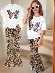 2 件套女孩街头休闲百搭百搭坏人图案 T 恤 + 豹纹喇叭裤，日常穿着 - 彩色 - 查看 1