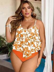 Swim Lushoire 2pcs/Set Plus Size Women Chinoiserie Style Random Print Crew Neck Ruffle Hem Vest And High Waist Pleated Triangle Bikini Swimwear Set For Summer Beach Vacation - Multicolor - View 4