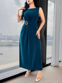 Feyla 腰部褶饰金属装饰收腰优雅派对和工作百搭连衣裙 - 水鴨藍 - 查看 3