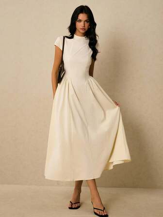 Poéselle Elegant Short Sleeve A-Line Maxi Dress – High Neck Solid Color Flowy Summer Dress For Women,A-Line Summer Dress,High Neck Maxi Dress,  Casual Long Dress, Ankle Length Dress,Fall Wedding Guest Dress