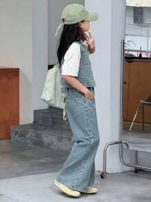 Dazy Kids 青少年女孩夏季休闲街头时尚拼布口袋无袖牛仔衬衫和阔腿牛仔裤套装 - 藍色 - 查看 6