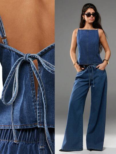 Avantive Top vaquero de verano con cordones y espalda descubierta