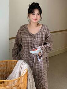 Dazy Plus Plus Contrast Lace Tie Plaid Loose Top And Pants Pajama Set, Fall Winter Clothes