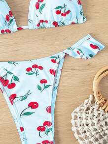 Swim Mod Women's Cherry Print Ruffle Trim Split Bikini Set, Perfect For Beach Vacation, Summer - Multicolor - View 4