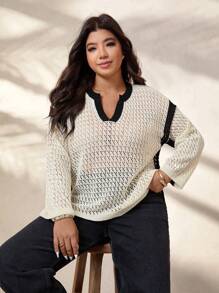 Calvaya Plus Size Contrast Color Trim Sheer Casual Pullover Sweater Knit Pullover Fall Winter