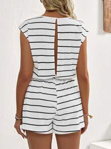 SHEIN Mono informal de maternidad de cuello redondo a rayas con cordón en la cintura