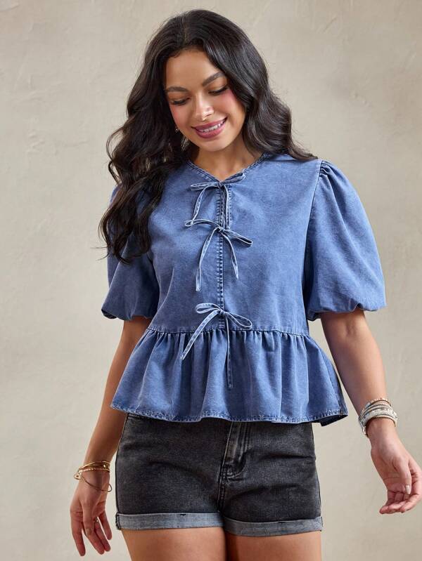 Wildy Business Casual Woman Ruffle Top Teacher Shirts Cotton Back To School Clothes Tie Front Denim Cute Shirts Top Women's Casual Puff Sleeve Contrast Color Tied Bow Blouse, Basic Everyday Wear Short Sleeve Top, Spring/Summer Modest Tops