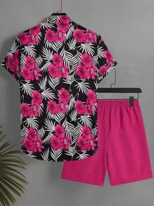 Manfinity KASUA Men's Tropical Print Vacation Casual Shirt And Shorts Beach Outfit