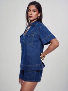 Denimoi 翻盖口袋领短袖牛仔上衣