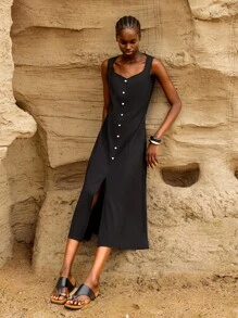 Lumivelle Women's Summer Solid Sweetheart Neckline Sleeveless Elegant Dress With Buttons - Black - View 6