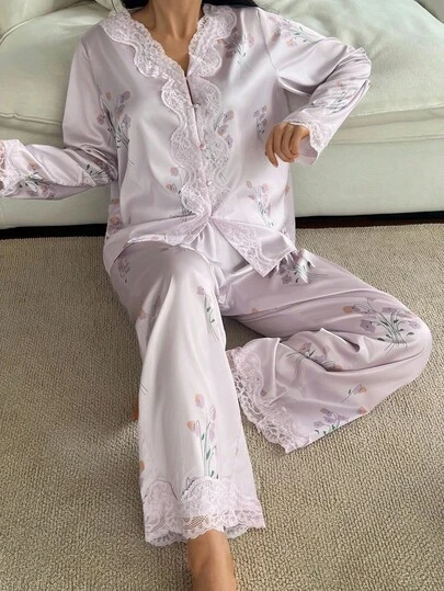 DAZY 花卉印花蕾丝边拼接宽松女士睡衣套装秋冬服装