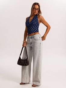 SHEIN BAE Camiseta de punto holgada con cuello halter de malla marrón minimalista, adecuada para uso casual, ir al trabajo, citas, salir con amigos, vacaciones en Italia y diversas ocasiones en primavera y verano