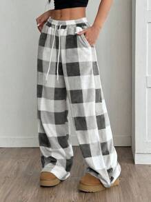 Coolane Women's Casual Front Tie Plaid Pocket Trousers