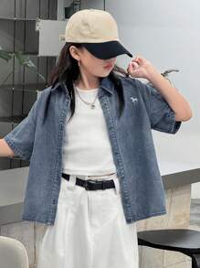 Dazy Kids Tween GirlsTurndown Collar Animal Embroidery Short Sleeve Denim Top