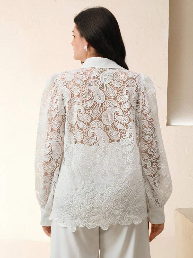 French Hollow-Out Embroidery Lace Patchwork Long Sleeve Women Blouse For Holiday Party Clothes Plus Size Women Shirt