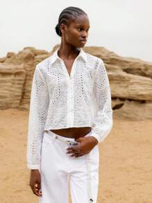 Lumivelle Women's White Semi-Sheer Floral Eyelet Cropped Button-Down Shirt A Casual Woven Top With Long Sleeves And A Collar