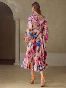 MOTF PREMIUM 女士蝴蝶花卉印花V领褶皱灯笼袖长裙 - 彩色 - 查看 3