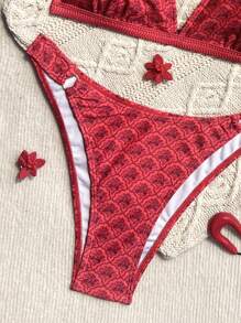 Swim Mod 2 件套女士小花侧高开叉丁字裤比基尼泳装套装，海滩度假装 - 彩色 - 查看 6