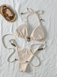 Swim SXY Bộ bikini gợi cảm đính hạt trang trí vỏ sò màu trơn cho nữ, mùa hè - Màu be - Xem 5
